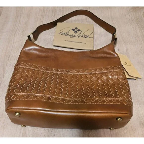 Patricia Nash Winnett Vintage Distressed Woven Leather Hobo Bag Cognac-NWT - Picture 1 of 12